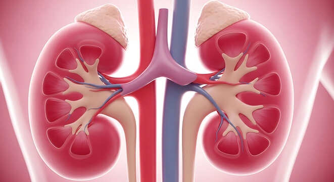 3d illustration of human kidneys with adrenal glands and associated blood vessels