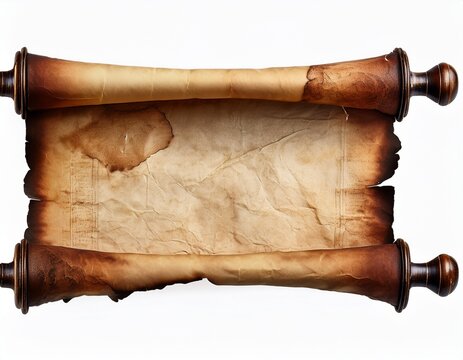 an old vintage roll paper with burnt edges isolated on white