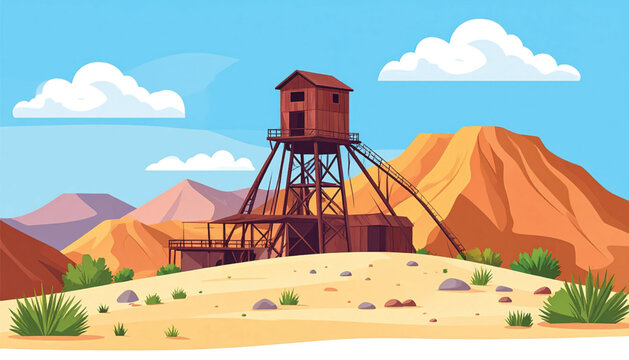 Abandoned mine headframe in desert.