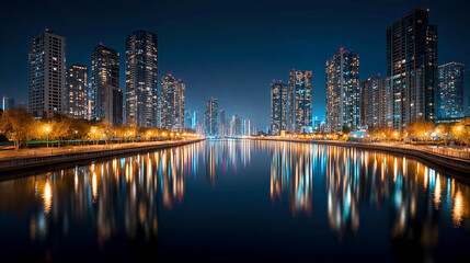 Fototapeta premium city_skyline_reflected_in_river_at_night