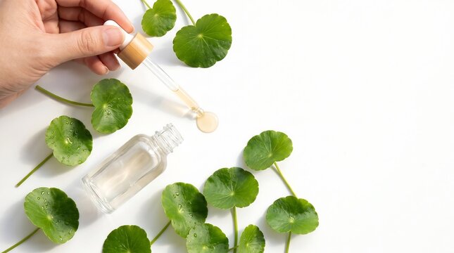 Hand holding a dropper over a glass bottle with fresh gotu kola leaves on a white background, natural skincare concept.