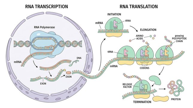 Educational diagram of gene expression showing RNA transcription in the nucleus and translation by ribosomes into a protein.