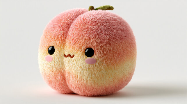 Cute kawaii squishy toy shaped like a soft fuzzy peach with a smiling cartoon face