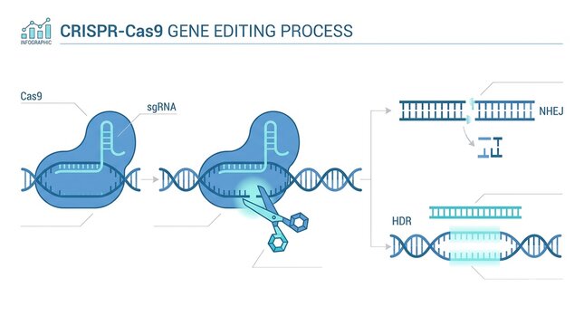 Infographic diagram of the CRISPR-Cas9 gene editing process showing DNA cleavage and repair mechanisms like NHEJ and HDR.