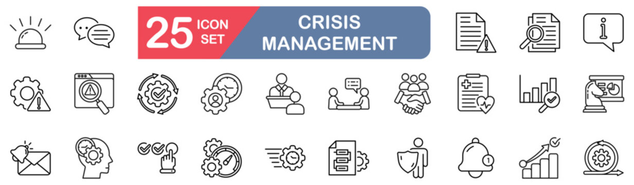 crisis management set of web icons in line style. vector illustration concept relate to leadership,communication,coordination,preparedness,assessment