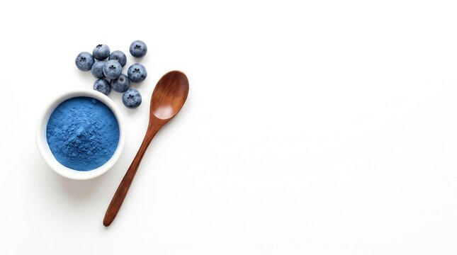 Top view of blue spirulina or butterfly pea powder in a bowl with a wooden spoon and fresh blueberries on a white background.