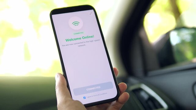 Smartphone screen showing a public Wi-Fi login portal with a prominent Connect Now button. Second screen confirms successful connection with Welcome Online message. Represents fast, seamless internet