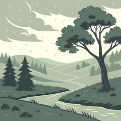 Fototapeta premium A rainy day in a lush green forest with a large tree and coniferous trees, greenery