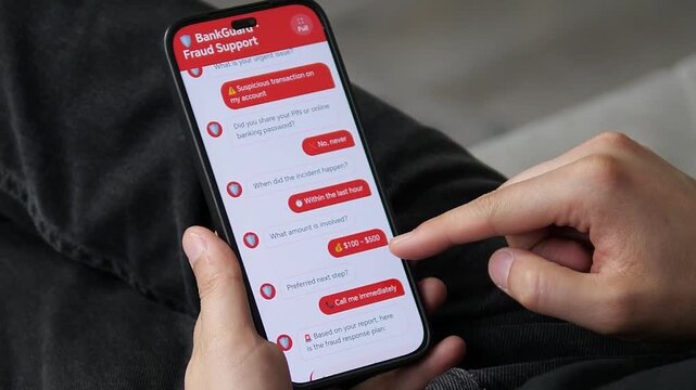Smartphone displaying BankGuard fraud support app interface. Screens show step-by-step reporting process for suspicious transactions with urgent response plan. Features immediate specialist callback
