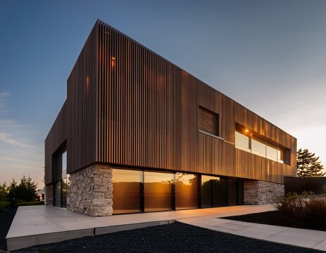 modern architectural facade with warm toned lighting highlights the textured stonework and vertical accents