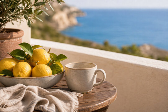 Lemons and ceramic cup on generic Mediterranean coastal terrace
