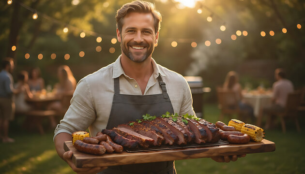 Proud Man Holding Grilled BBQ Platter at Outdoor Summer Backyard Party