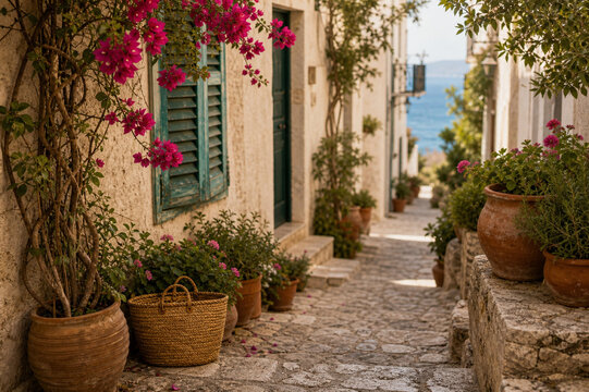 Quiet generic Mediterranean coastal village alley with flowers
