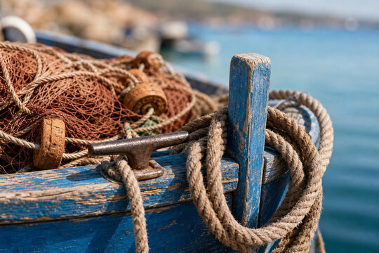 Fishing boat rope and nets in generic Mediterranean harbor