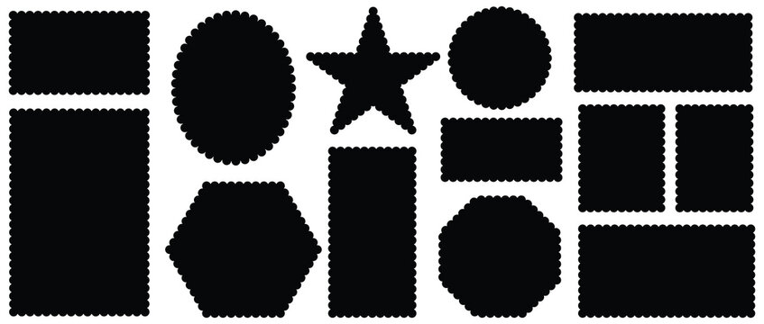 Serrated Geometric Shapes Set. Zig zag edge circle, square, rectangle, round shape collection. Isolated elements for design of text box, badge, banner.