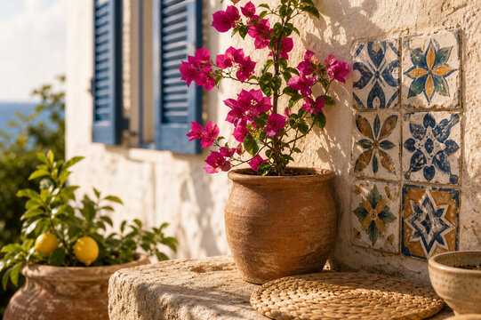 Handmade tiles and bougainvillea on Mediterranean wall