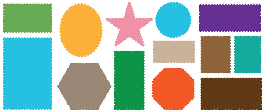 Serrated Geometric Shapes Set. Zig zag edge circle, square, rectangle, round shape collection. Isolated elements for design of text box, badge, banner.