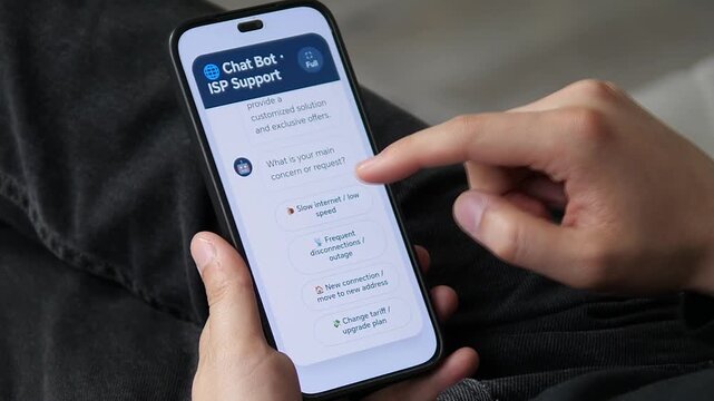 Mobile chat interface with internet service provider support bot. Screens show multiple concern options: speed issues, outages, new connections, and tariff changes. Ideal for videos about tech