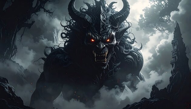 Terrifying Horned Demon Emerging Through Thick Fog in Dark Forest Ruin