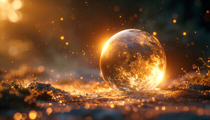 Glowing orb with fiery details surrounded by bokeh lights fantasy art