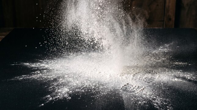 Cloud of white fine powder settling on dark surface