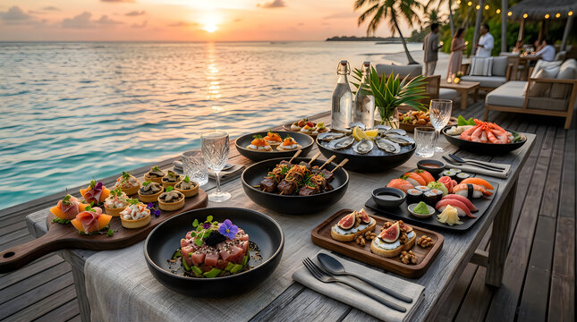 Luxury dinner table set with gourmet food dishes overlooking the tropical ocean at sunset on a wooden deck
