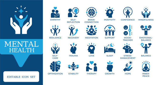 Mental Health and Psychology Icons. Featuring emotional balance, meditation, depression therapy, mood tracker, stress management, and mindfulness symbols. Professional duotone vector set