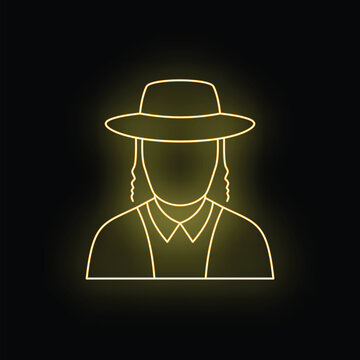 Jewish man wearing a hat and payot glowing as a neon line icon