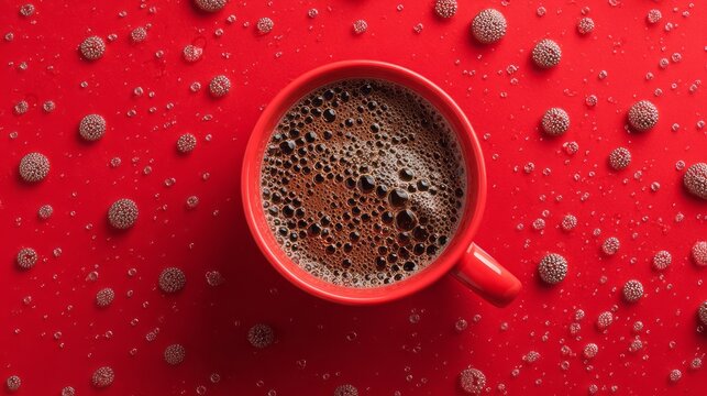 Top view of red cup of hot coffee with creamy foam and bubbles on vibrant red background, minimal monochrome beverage concept for caf&eacute; menu, packaging design, poster, invitation card, branding and cop