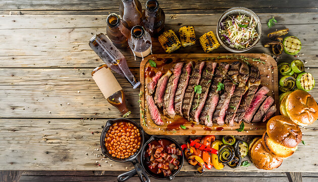 Overhead View of Summer BBQ Food Spread on Rustic Wooden Table Backyard
