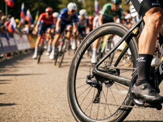 Fototapeta premium Close-up of a bicycle wheel during a professional cycling race on a sunny day.