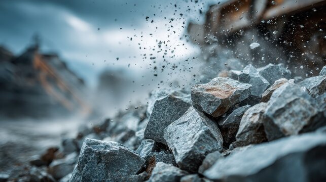Crushed stones and gravel flying dynamically at an industrial site. Perfect for construction, mining, industry, or strong impact concepts.