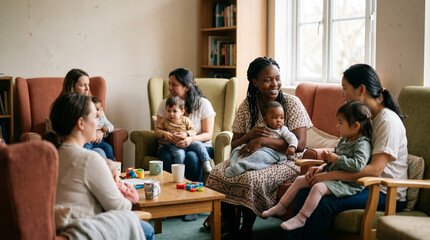 Obraz premium Group of women socializing while caring for babies in cozy interior 