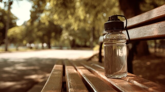 Sport water bottle resting on a wooden park bench surrounded by lush green trees, healthy outdoor hydration concept with reusable drink container, natural fitness lifestyle, refreshing summer atmosphe