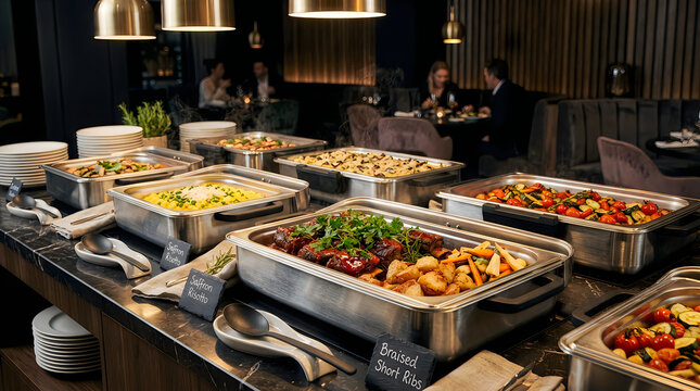 Delicious buffet meal served in steel chafing dishes at a restaurant dinner