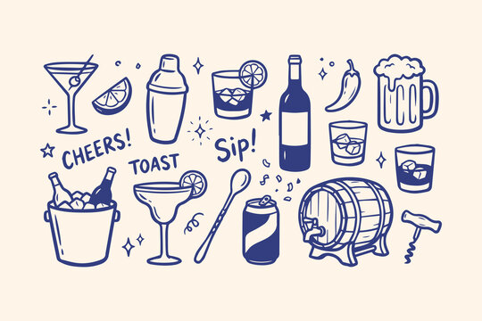 Hand drawn doodle set of alcoholic drinks cocktails beer bottles and bar accessories in blue ink on light background Vector, illustration