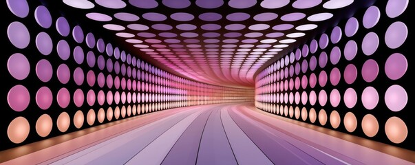Fototapeta premium Futuristic purple tunnel with circular lights and glossy reflective floor