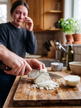 A woman wipes away tears from her eyes while chopping a white onion with a large knife on a wooden cutting board