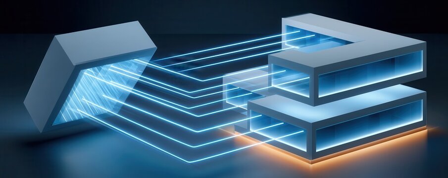 Futuristic digital connection between abstract server structures with flowing blue data lines