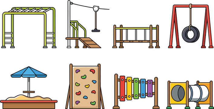 Kids Park Playground Adventure Equipment Vector Set Featuring Monkey Bars, Zipline, Tire Swing, Sandbox with Umbrella, Climbing Wall, Xylophone, and Play Tunnel