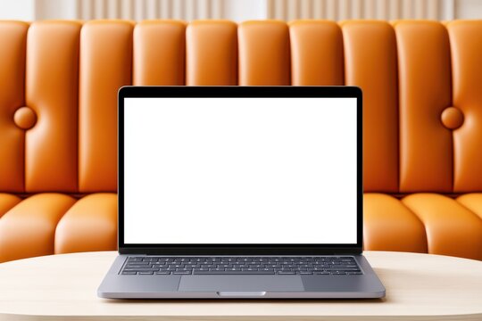 Gray laptop with blank white screen centered on a wooden table in front of an orange sofa for workspace mockup