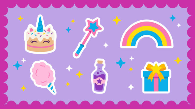 A colorful illustration of whimsical stickers featuring a birthday cake, wand, rainbow, lollipop, potion, and gift on a purple background with stars.
