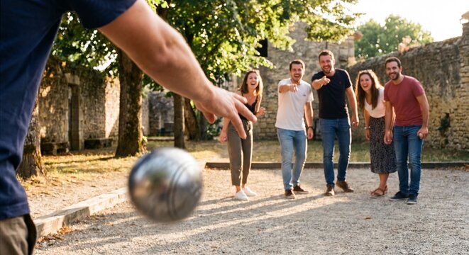Close up of a hand throwing a silver bocce ball during a traditional french petanque game with a group of friends watching in background