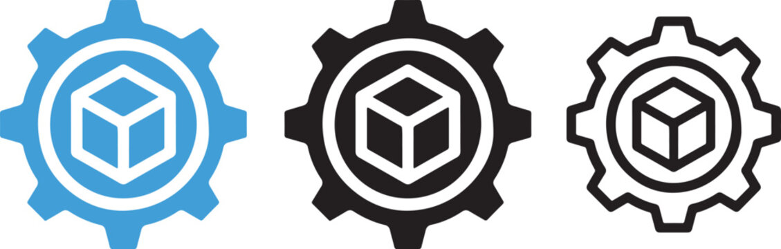 3D modeling and engineering gear icon set in flat color, silhouette, and line styles