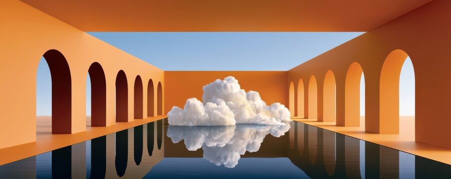 Long narrow room with arched colonnade, reflecting pool and floating cloud in minimalist space