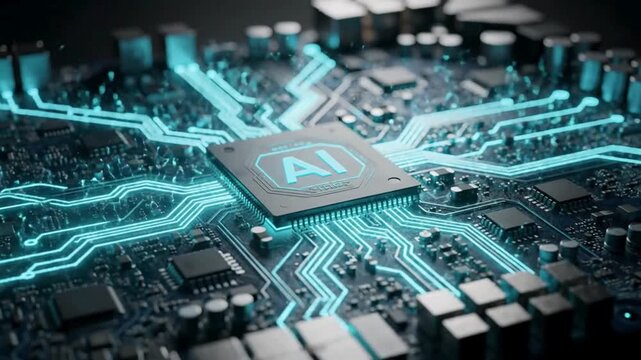 Artificial intelligence chip animation with neural network circuits, advanced machine learning technology and digital computing, futuristic AI processor background video