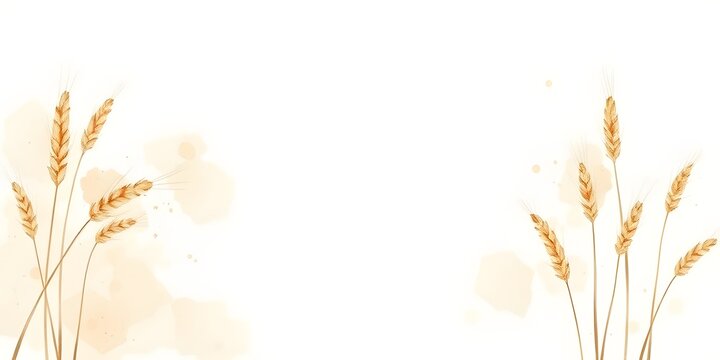 A serene watercolor illustration of dried wheat ears in soft cream tones with fluid paint bleeds and golden ink splatters. Generated using AI.