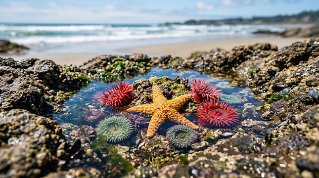 Colorful Marine Life in Tidal Pool on Rocky Beach