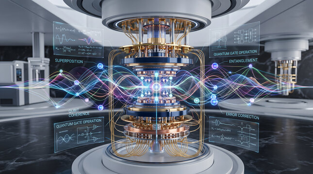 Complex quantum computing machine demonstrating advanced science research and data processing.