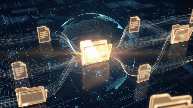 Digital folders and glowing file icons interconnected within deep blue cyberspace, illustrating secure cloud storage, seamless data synchronization, intelligent information management, 4K video